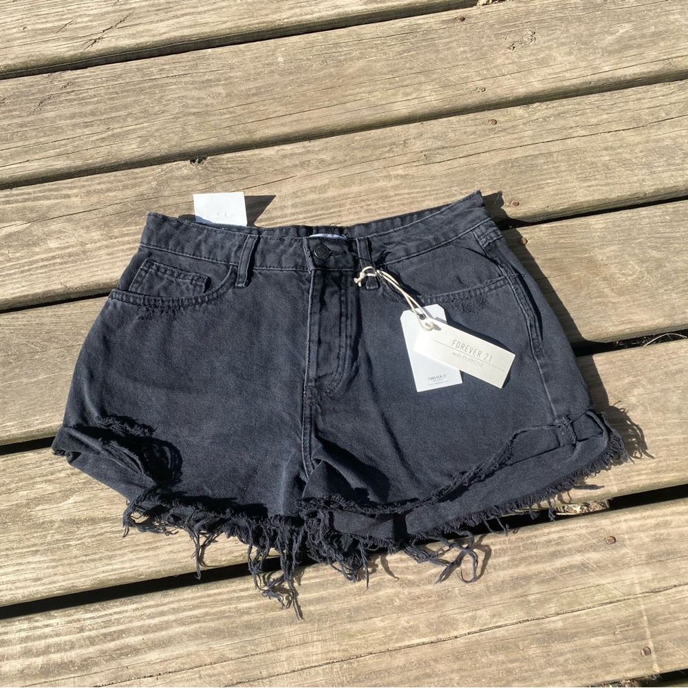 Forever 21 Black Jean Shorts Distressed Frayed Hem